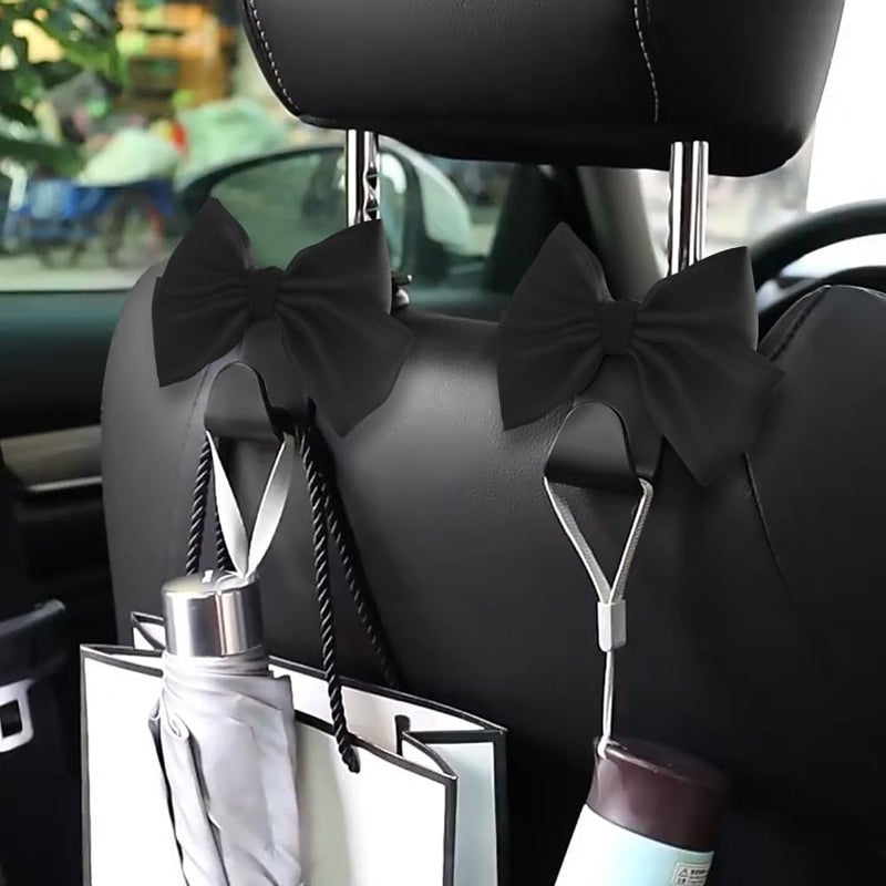 LIFOPY 2 Pack Car Purse Hooks, Cute Bow Car Seat Headrest Hook Hanger for Purses and Bags, Space-Saving Car Accessory (Black silk) - Image 2